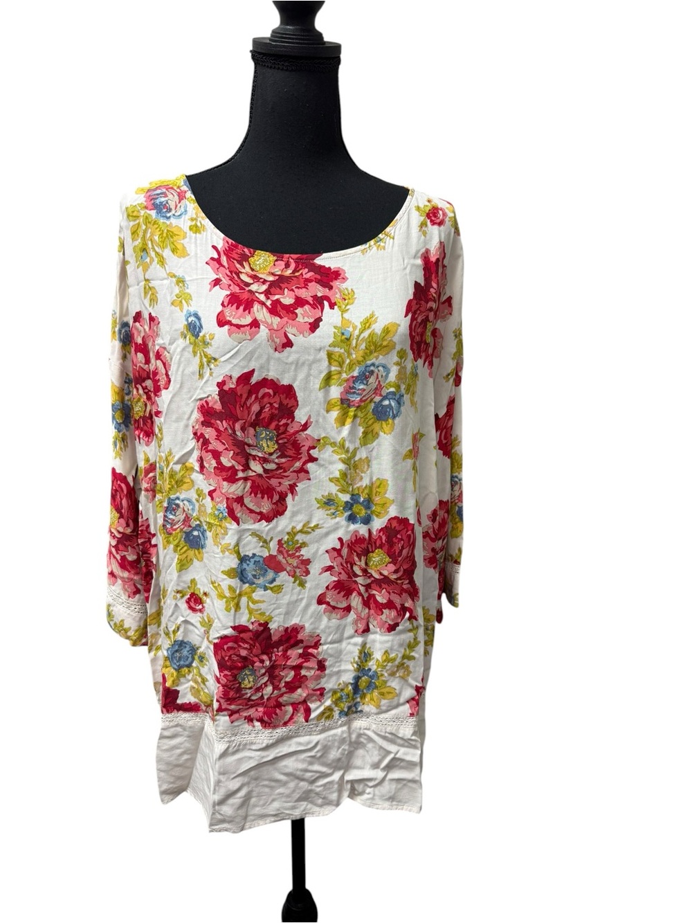 J Jill Floral Tunic Top 2X White Pink Blue Boho Cottagecore Rayon Blouse